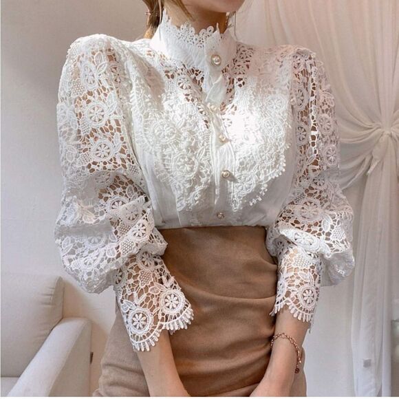 NEW Lace Trim Victorian Button Down Blouse - Picture 1 of 8